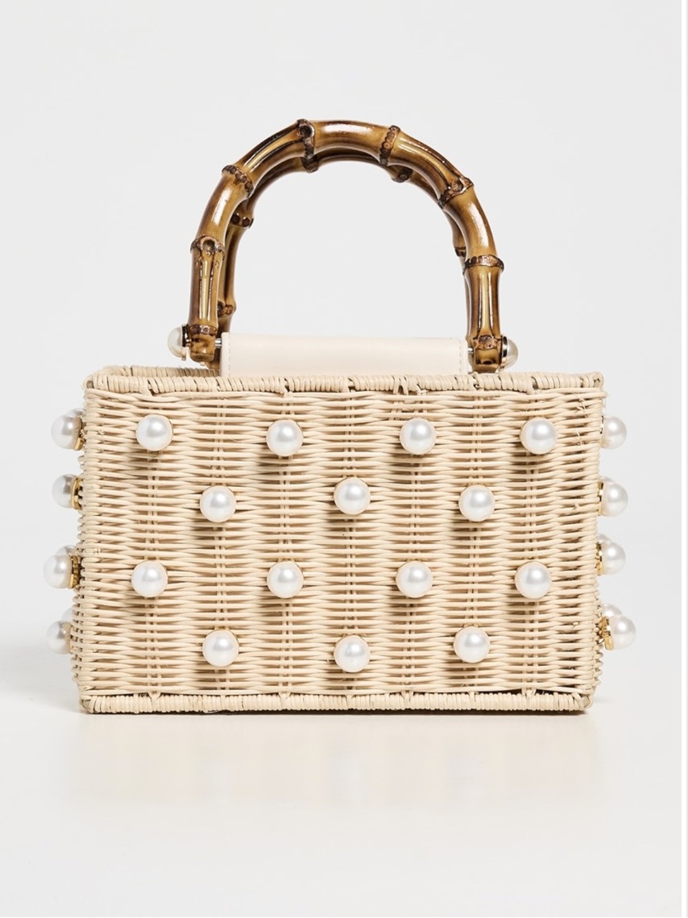 BTB Los Angeles Chloe Pearl-Embellished Wicker Top-Handle Bag in Natural